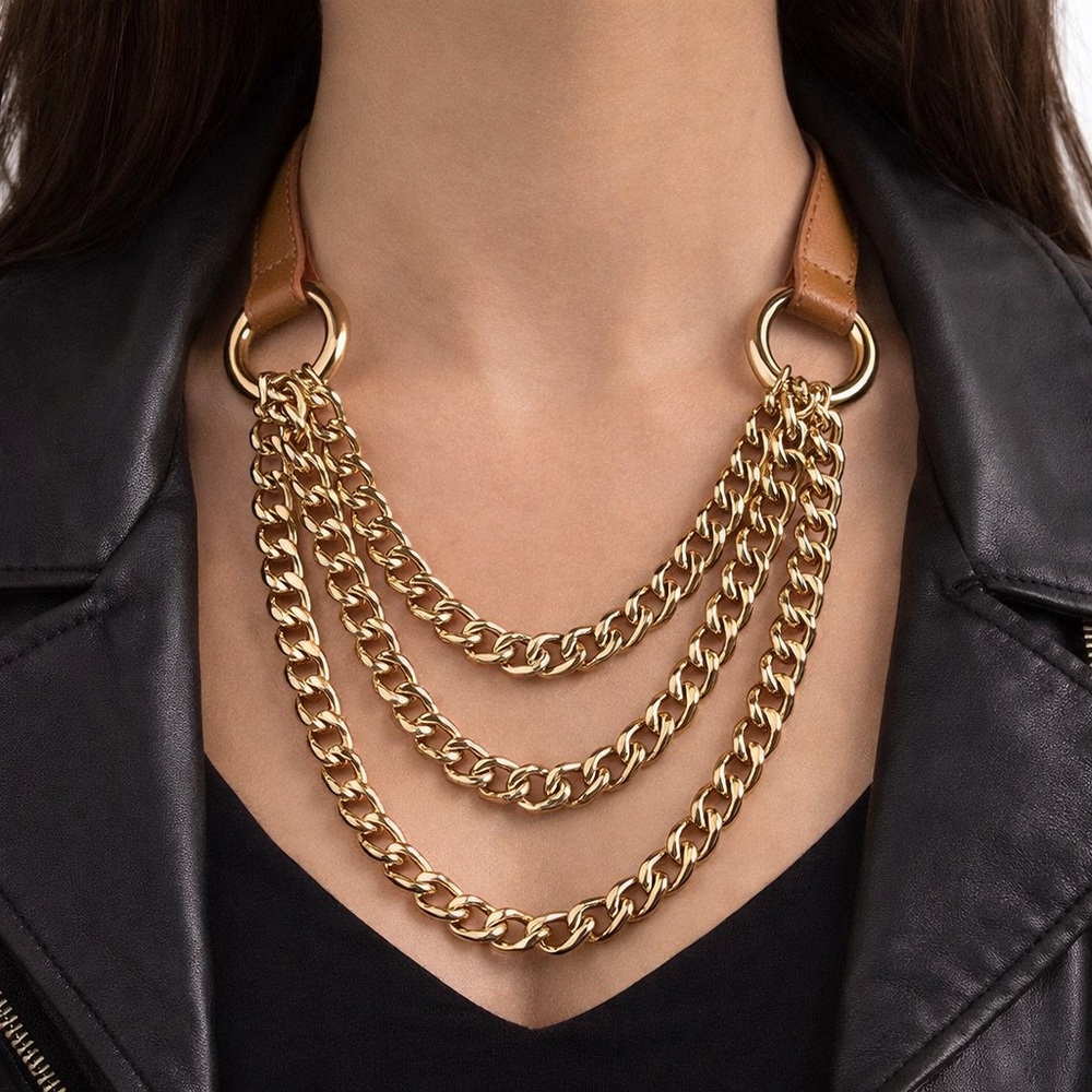 Banana Republic Necklace 20” Brown Leather Tiered Gold Plated Chain Grunge Biker